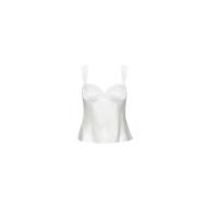 The Soleia Lace Camisole is a white silk charmeuse top with lace-trimmed straps and cups, designed in an elegant silhouette and shown against a plain white background.