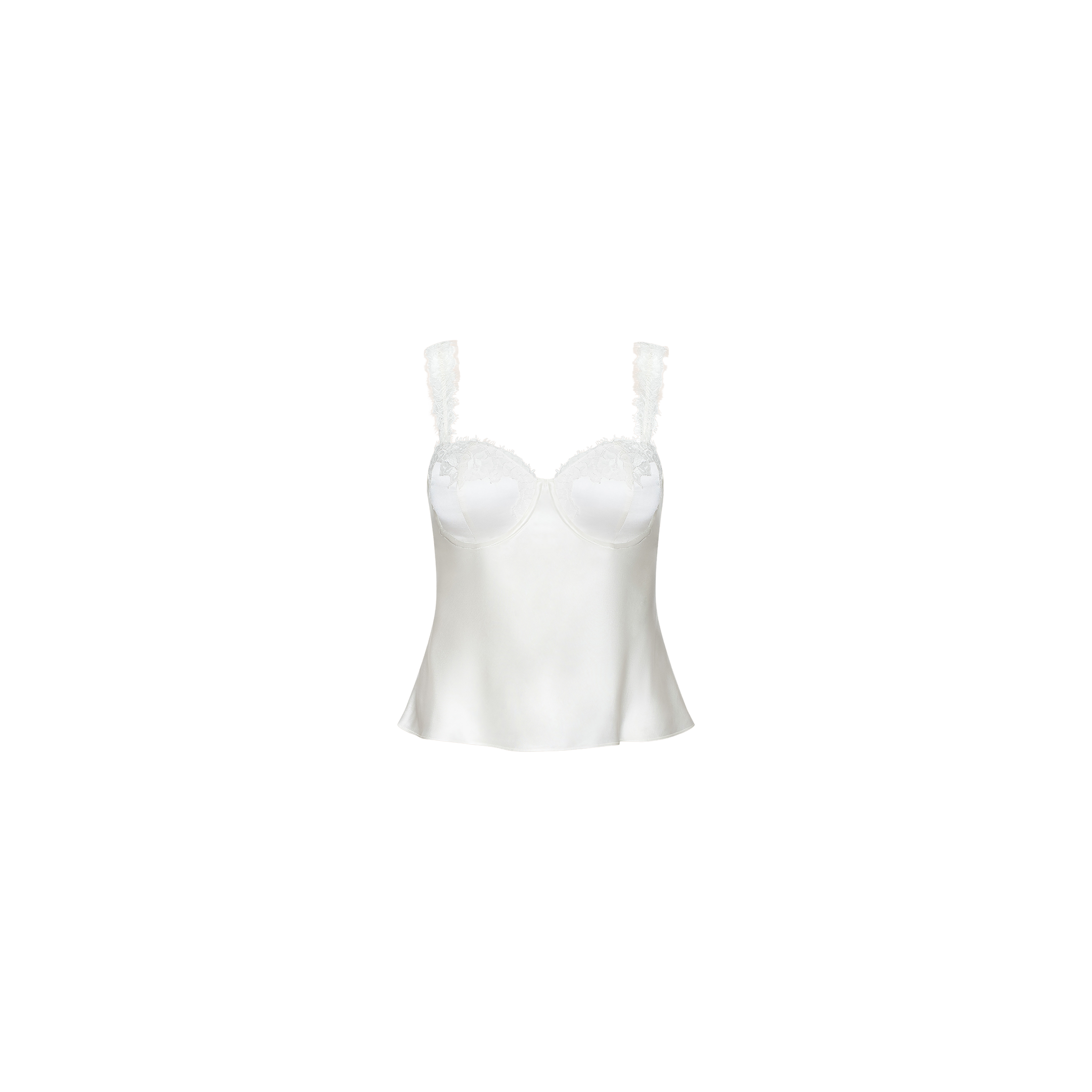 The Soleia Lace Camisole is a white silk charmeuse top with lace-trimmed straps and cups, designed in an elegant silhouette and shown against a plain white background.