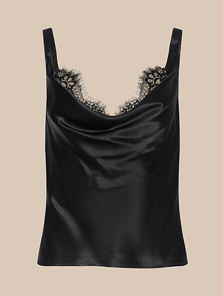 Evadne Silk Lace Camisole in black satin, featuring a cowl neckline and delicate black lace trim along the bust, displayed against a beige background.