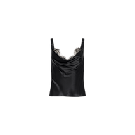 The Evadne Silk Lace Camisole, crafted from luxurious black silk charmeuse with a draped neckline and delicate lace trim along the top, is displayed on a plain white background.