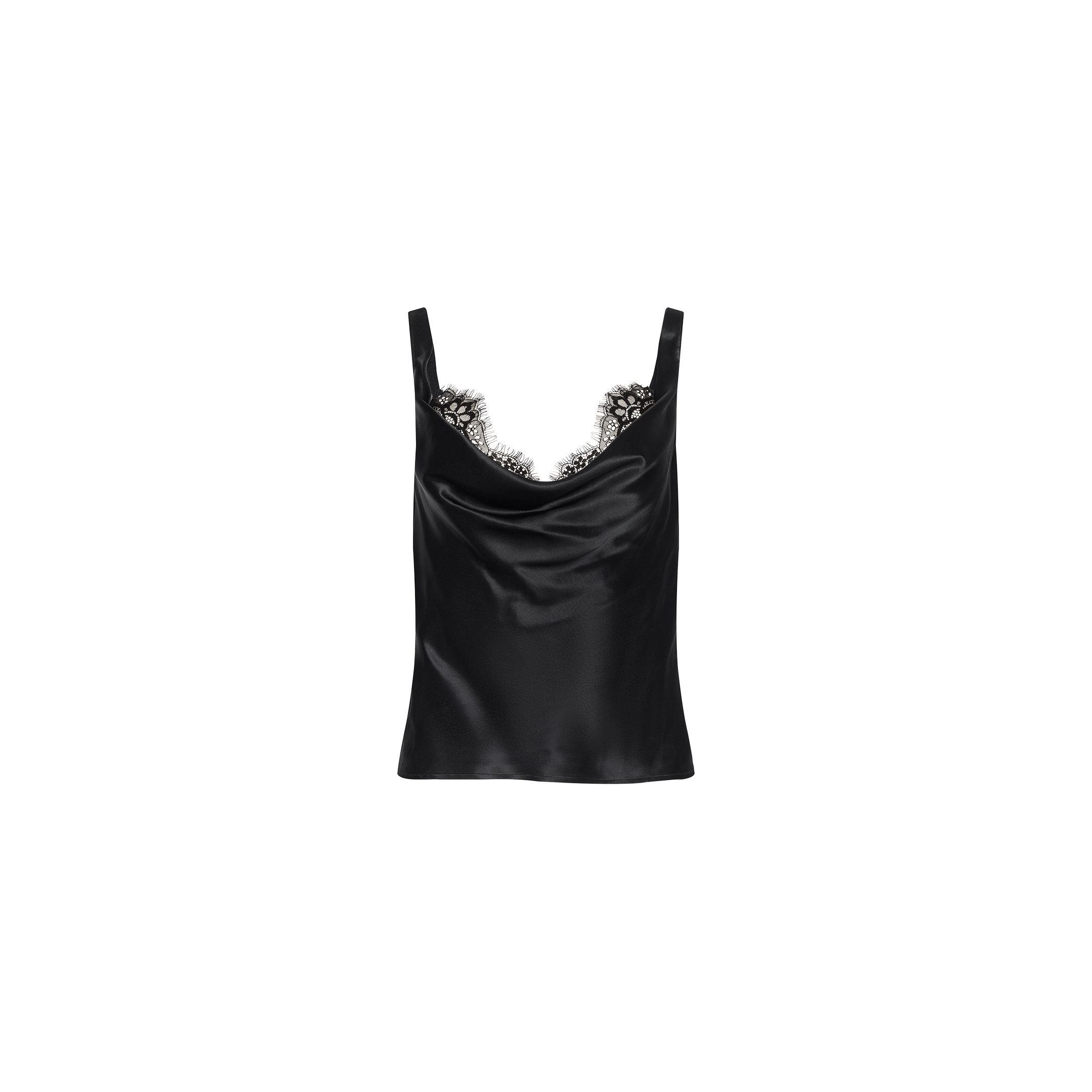 The Evadne Silk Lace Camisole, crafted from luxurious black silk charmeuse with a draped neckline and delicate lace trim along the top, is displayed on a plain white background.