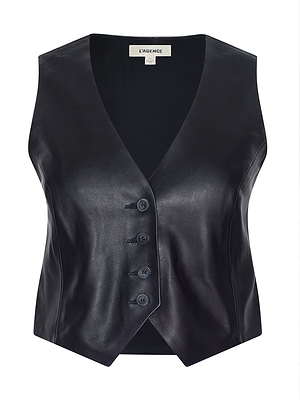 The Jianna Leather Vest is a sleeveless black leather piece with a minimalist silhouette, deep V-neck, four front buttons, and a fitted design. The LAGENCE label appears inside the collar. Displayed on a plain white background.