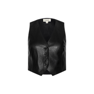 Jianna Leather Vest—a black, cropped leather vest featuring a V-neckline and four front buttons, inspired by Fall 2026 fashion trends and presented in the style of New York Fashion Week—displayed against a plain white background.