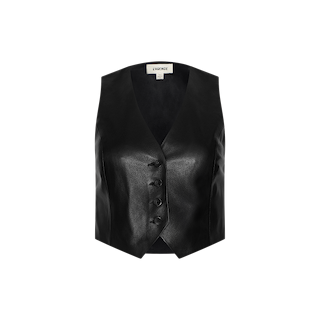 The Jianna Leather Vest, a sleeveless and cropped design in timeless black leather, features a V-neckline, four button closures down the front, and an interior label at the collar. Shown against a plain white background, it perfectly captures the essence of Fall 2026 fashion.