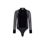 Marisol Silk Velvet Bodysuit in black, featuring long sheer sleeves, a button-down velvet front, and matching cuffs.