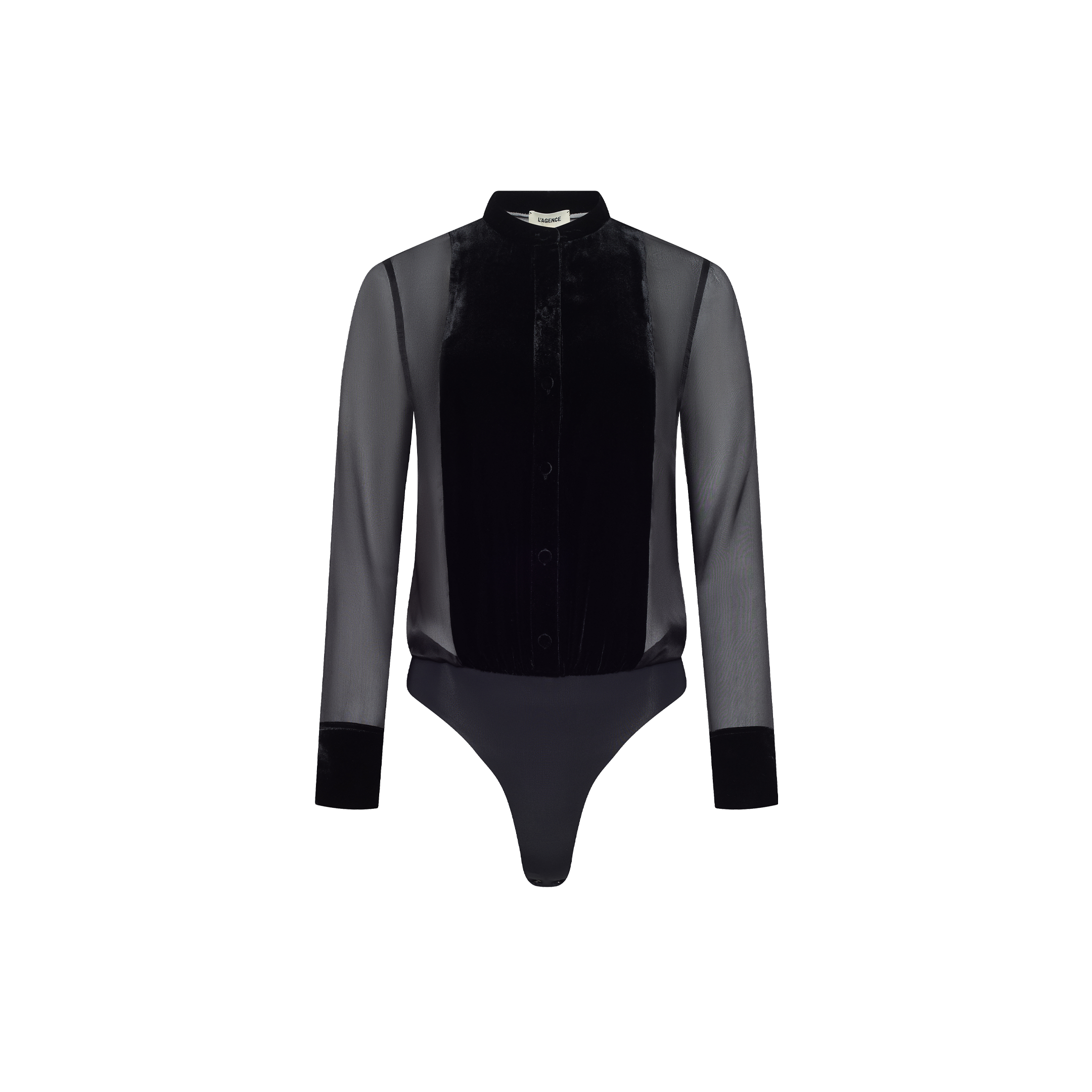 Marisol Silk Velvet Bodysuit in black, featuring long sheer sleeves, a button-down velvet front, and matching cuffs.
