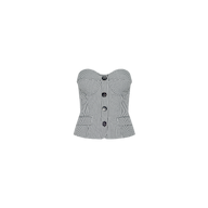Genevieve Corset Top in black and white gingham with a houndstooth suiting texture, featuring a button-front closure and two front pockets.