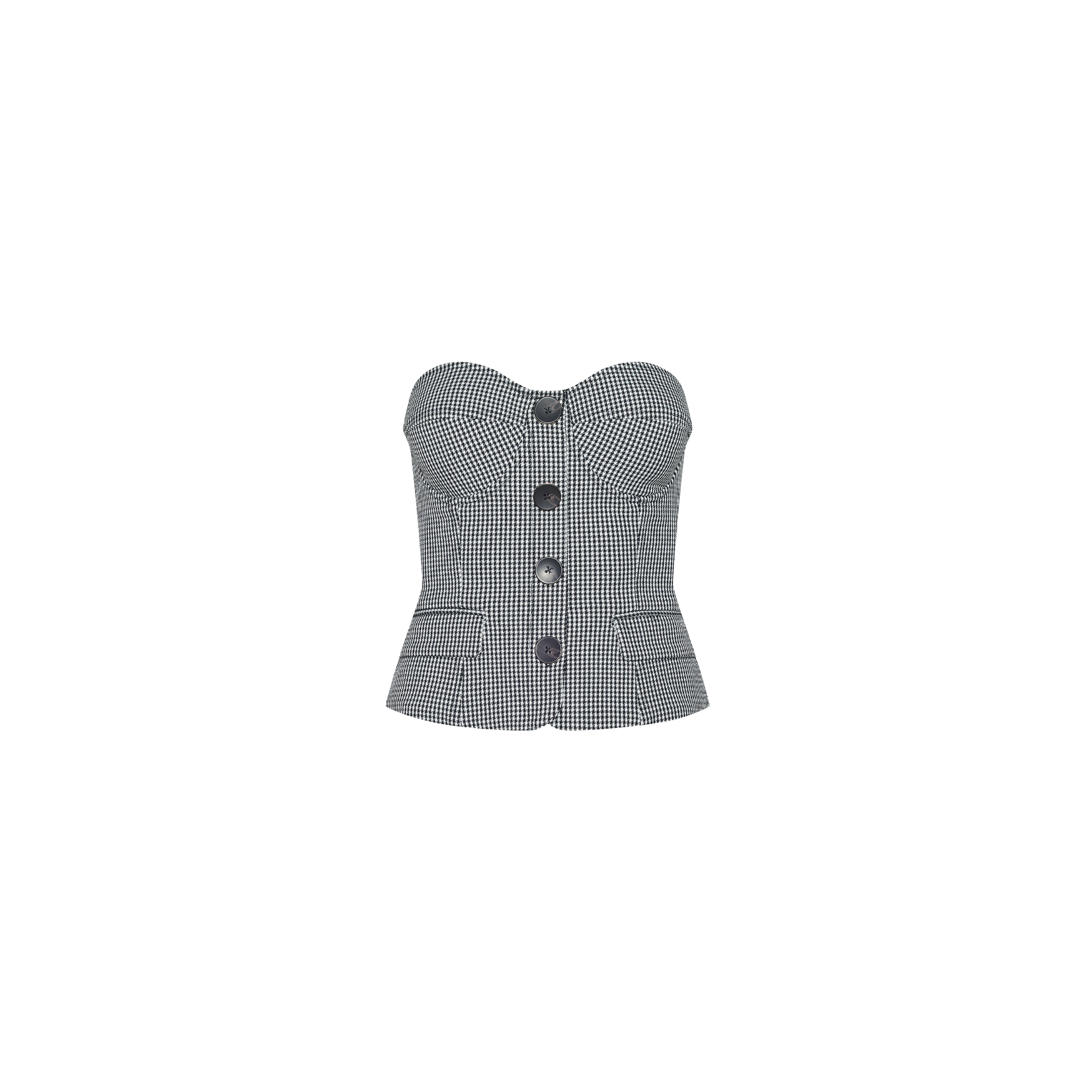 Genevieve Corset Top in black and white gingham with a houndstooth suiting texture, featuring a button-front closure and two front pockets.