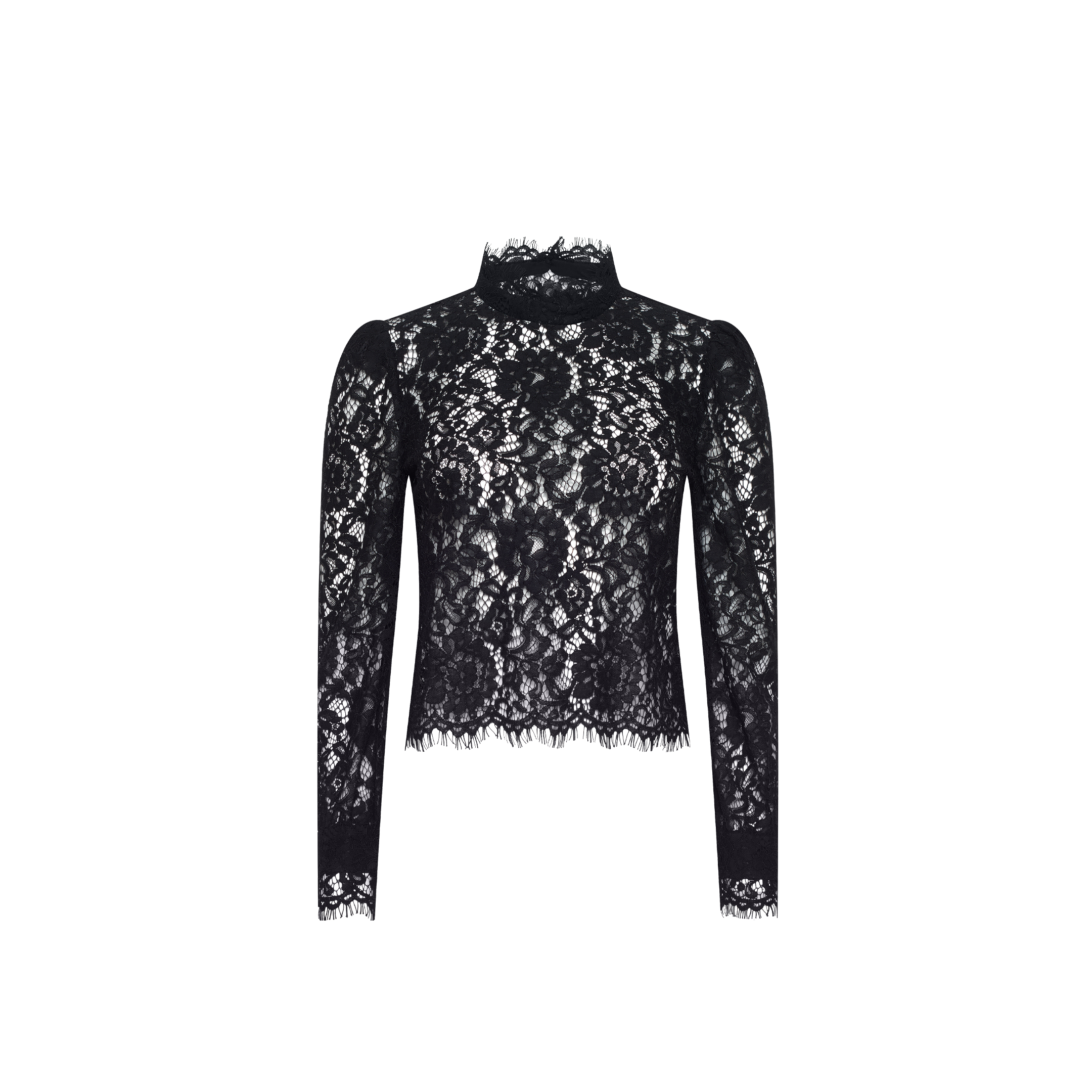 Amarenthe Lace Blouse in black featuring long sleeves and a high, scalloped mockneck.