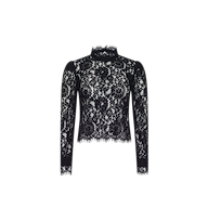 Amarenthe Lace Blouse in black featuring long sleeves and a high, scalloped mockneck.