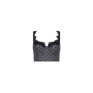 Oriane Bustier Top in grey with polka-dots, built-in underwire, and black lace trim along the neckline and straps.