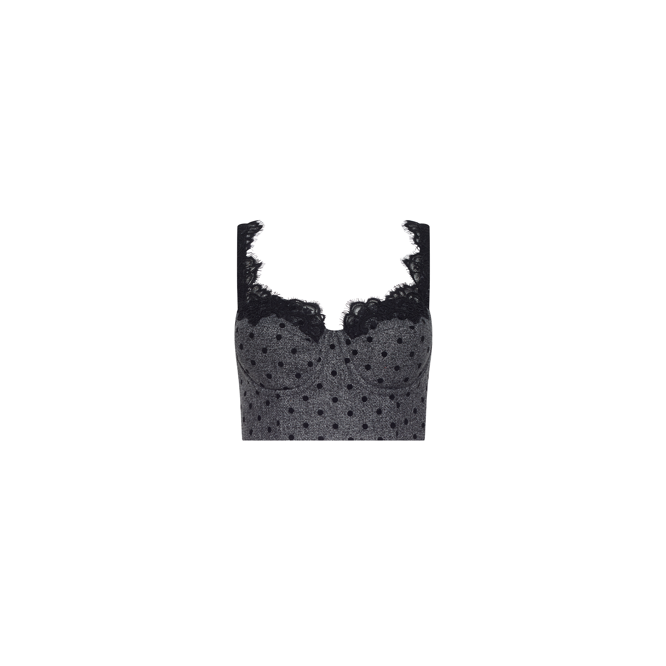 Oriane Bustier Top in grey with polka-dots, built-in underwire, and black lace trim along the neckline and straps.