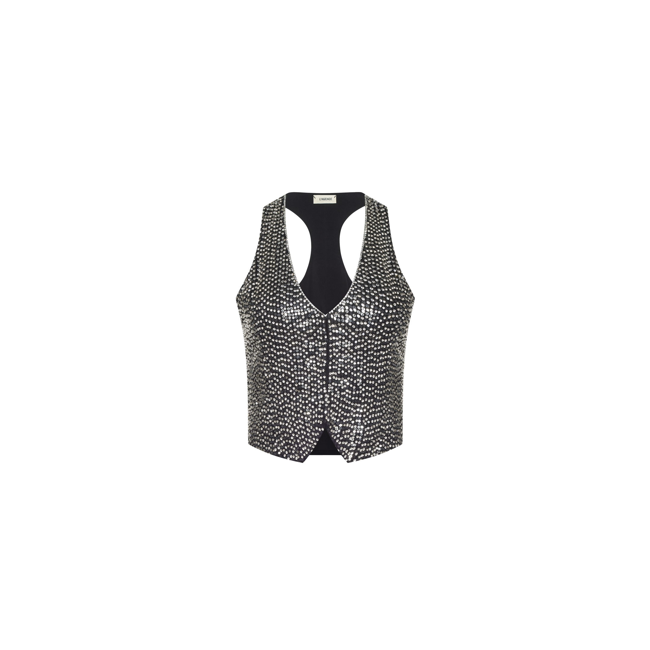 Nixe Embellished Vest, a sleeveless racerback cropped vest fully covered in hand-embellished silver sequins.