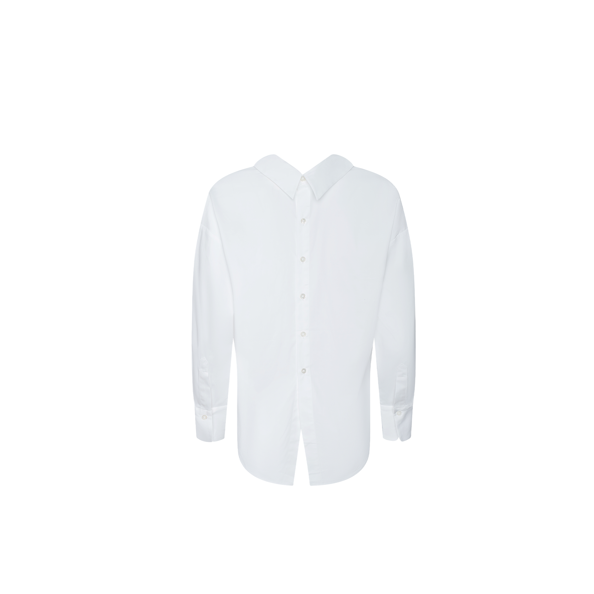 The Terenne Shirt, a white long-sleeve button-down, is displayed back-facing on a plain white background with center-back buttons—a fresh nod to Spring 2027 fashion.
