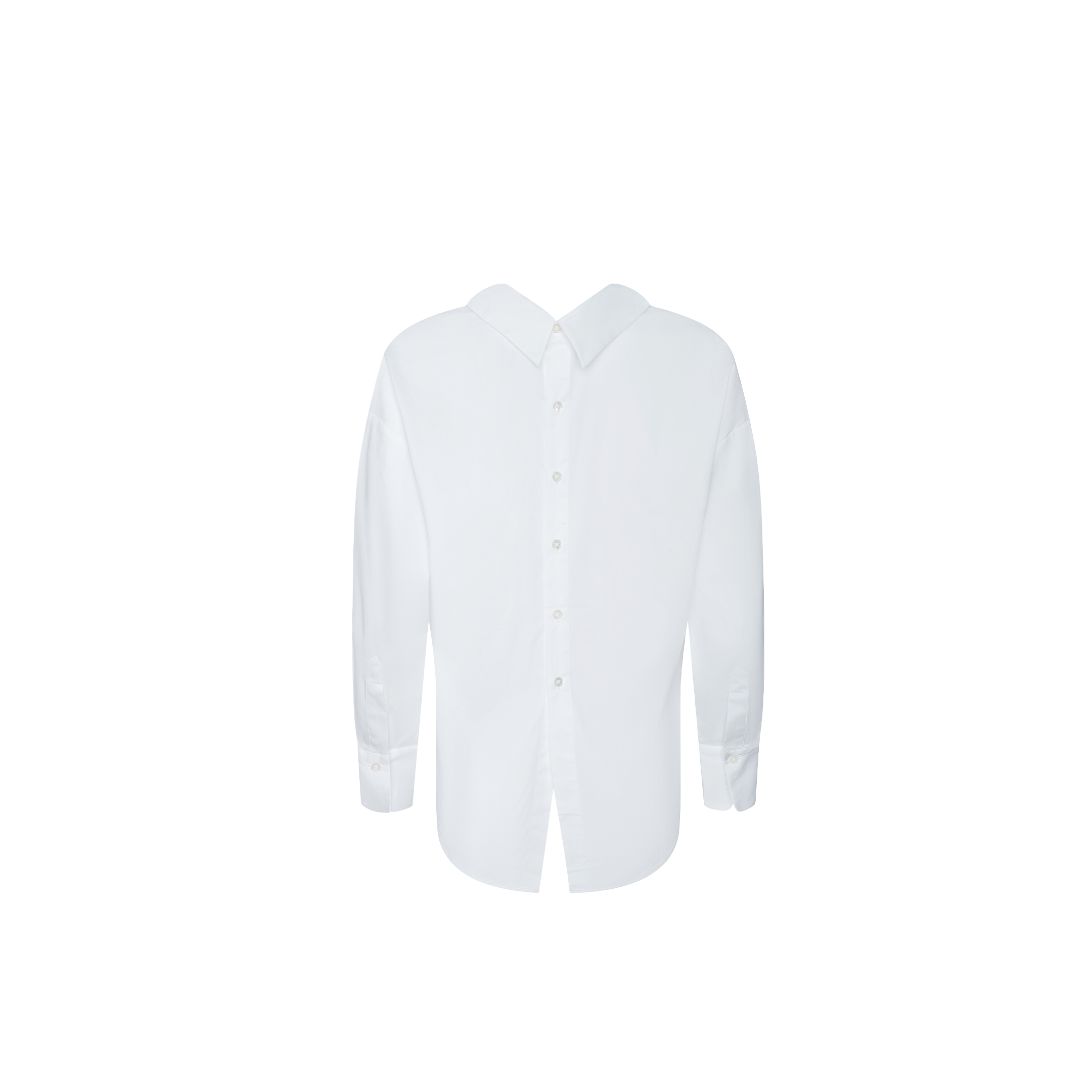 The Terenne Shirt, a white long-sleeve button-down, is displayed back-facing on a plain white background with center-back buttons—a fresh nod to Spring 2027 fashion.