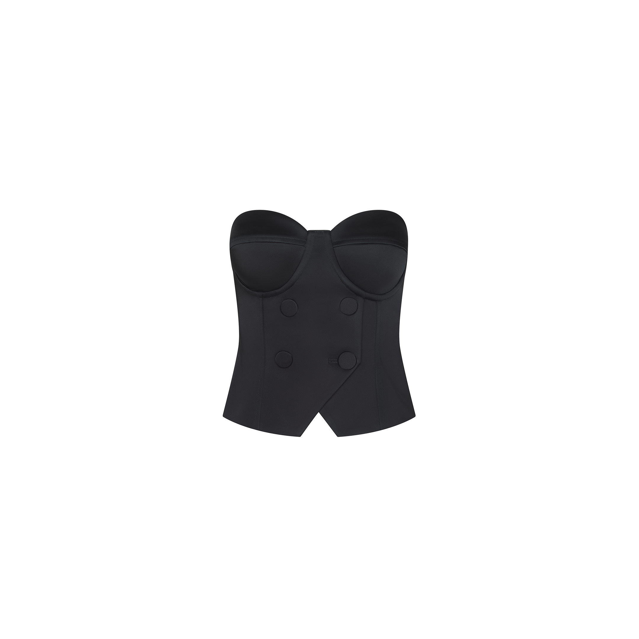 The Ravora Corset Vest Top is a black strapless bustier with a structured, double-breasted front and pointed hem, styled in the spirit of Paris Fashion Week Spring 2027.