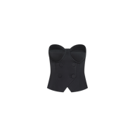 The Ravora Corset Vest Top is a black strapless bustier with a structured, double-breasted front and pointed hem, styled in the spirit of Paris Fashion Week Spring 2027.
