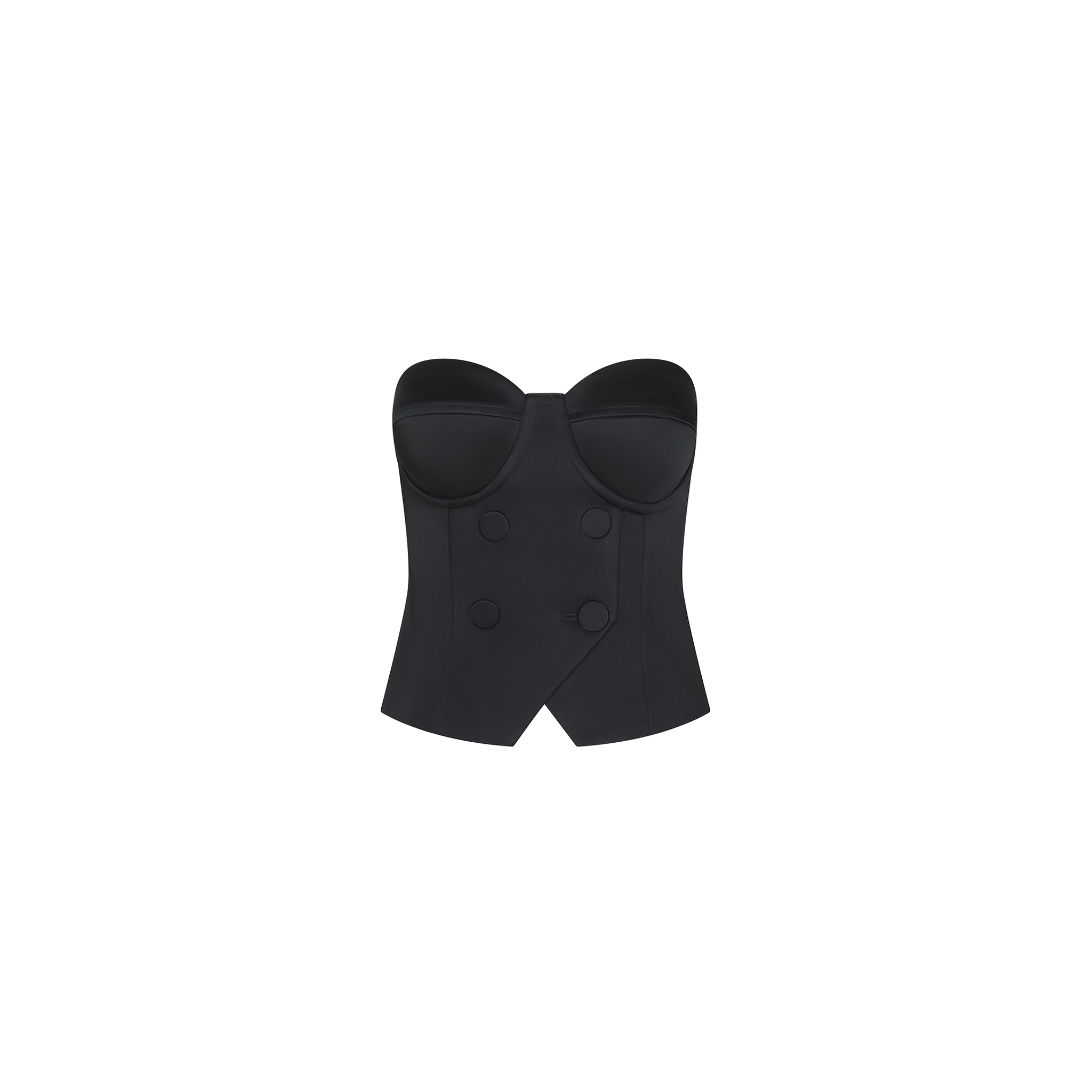 The Ravora Corset Vest Top is a black strapless bustier with a structured, double-breasted front and pointed hem, styled in the spirit of Paris Fashion Week Spring 2027.