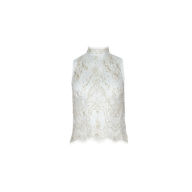 The Orivelle Beaded Lace Tank is a sleeveless white lace top with beige embroidery and a high neckline, showcased at the Spring 2027 Paris Fashion Week.