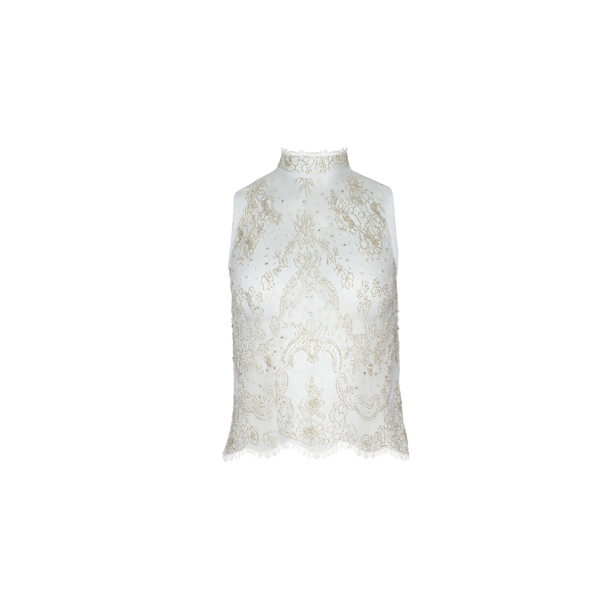 The Orivelle Beaded Lace Tank is a sleeveless white lace top with beige embroidery and a high neckline, showcased at the Spring 2027 Paris Fashion Week.