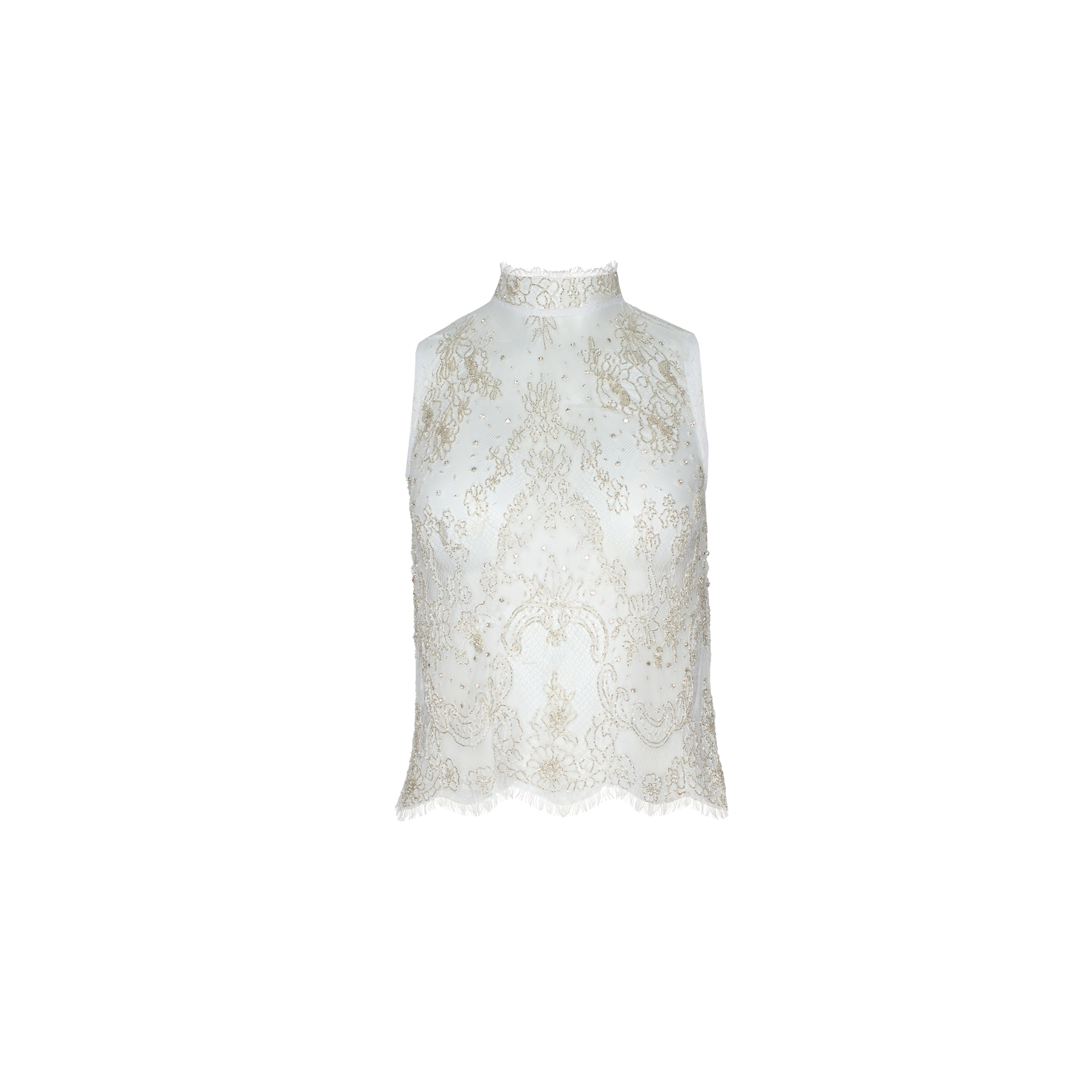 The Orivelle Beaded Lace Tank is a sleeveless white lace top with beige embroidery and a high neckline, showcased at the Spring 2027 Paris Fashion Week.
