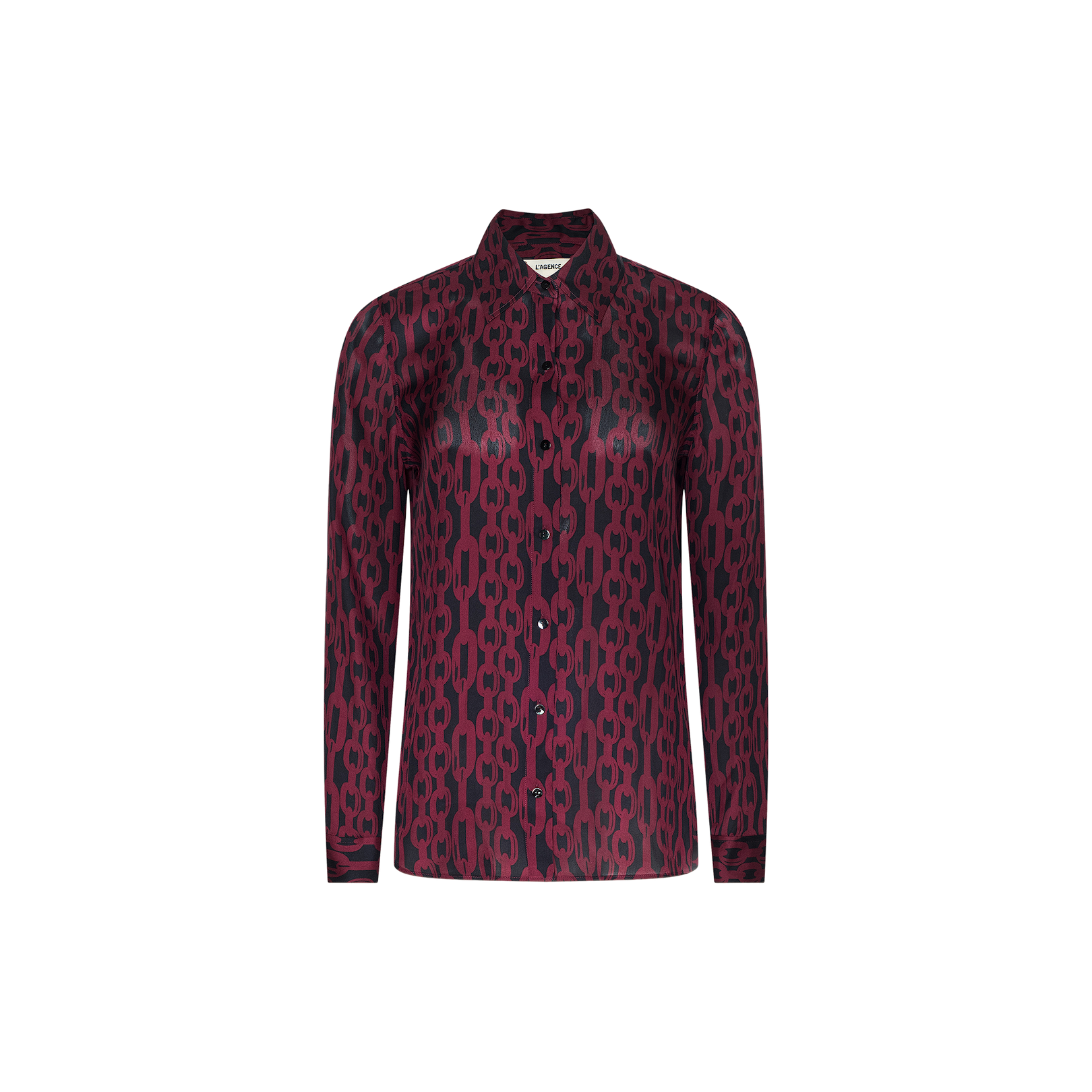 The Nina Silk Blouse is a long-sleeve sheer top featuring a maroon and black chain-link pattern, a classic collar, and silk button-down front. Designed for a relaxed fit, it’s ideal for creating a polished workplace look. Shown against a plain white background.
