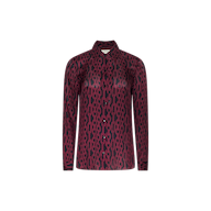 The Nina Silk Blouse is a long-sleeve sheer top featuring a maroon and black chain-link pattern, a classic collar, and silk button-down front. Designed for a relaxed fit, it’s ideal for creating a polished workplace look. Shown against a plain white background.