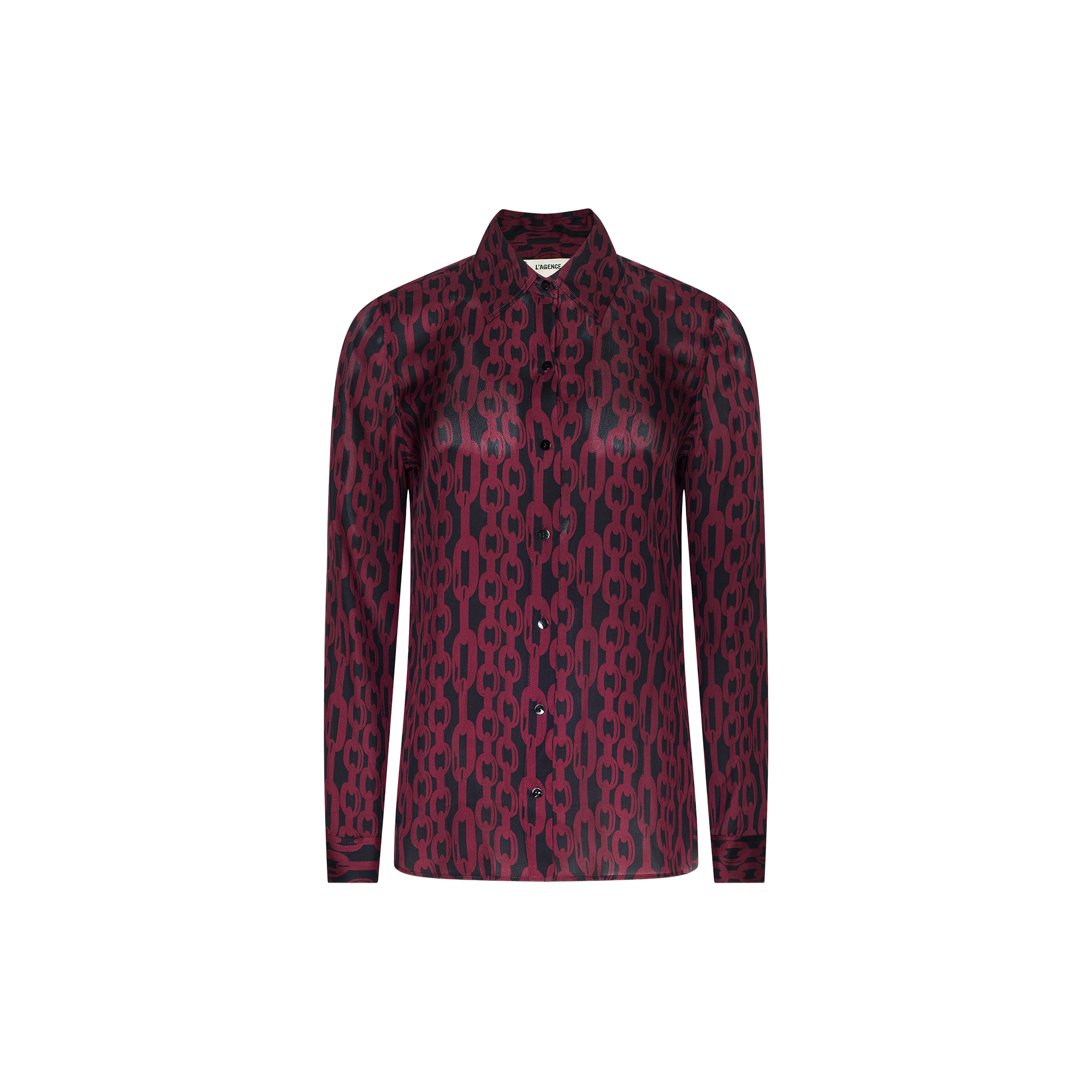 The Nina Silk Blouse is a long-sleeve sheer top featuring a maroon and black chain-link pattern, a classic collar, and silk button-down front. Designed for a relaxed fit, it’s ideal for creating a polished workplace look. Shown against a plain white background.