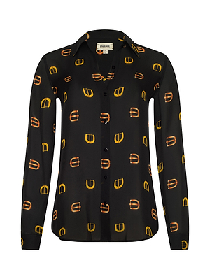 The Nina Silk Blouse by L'AGENCE is a long-sleeved black button-down with yellow and orange geometric patterns, shown on a plain white background.