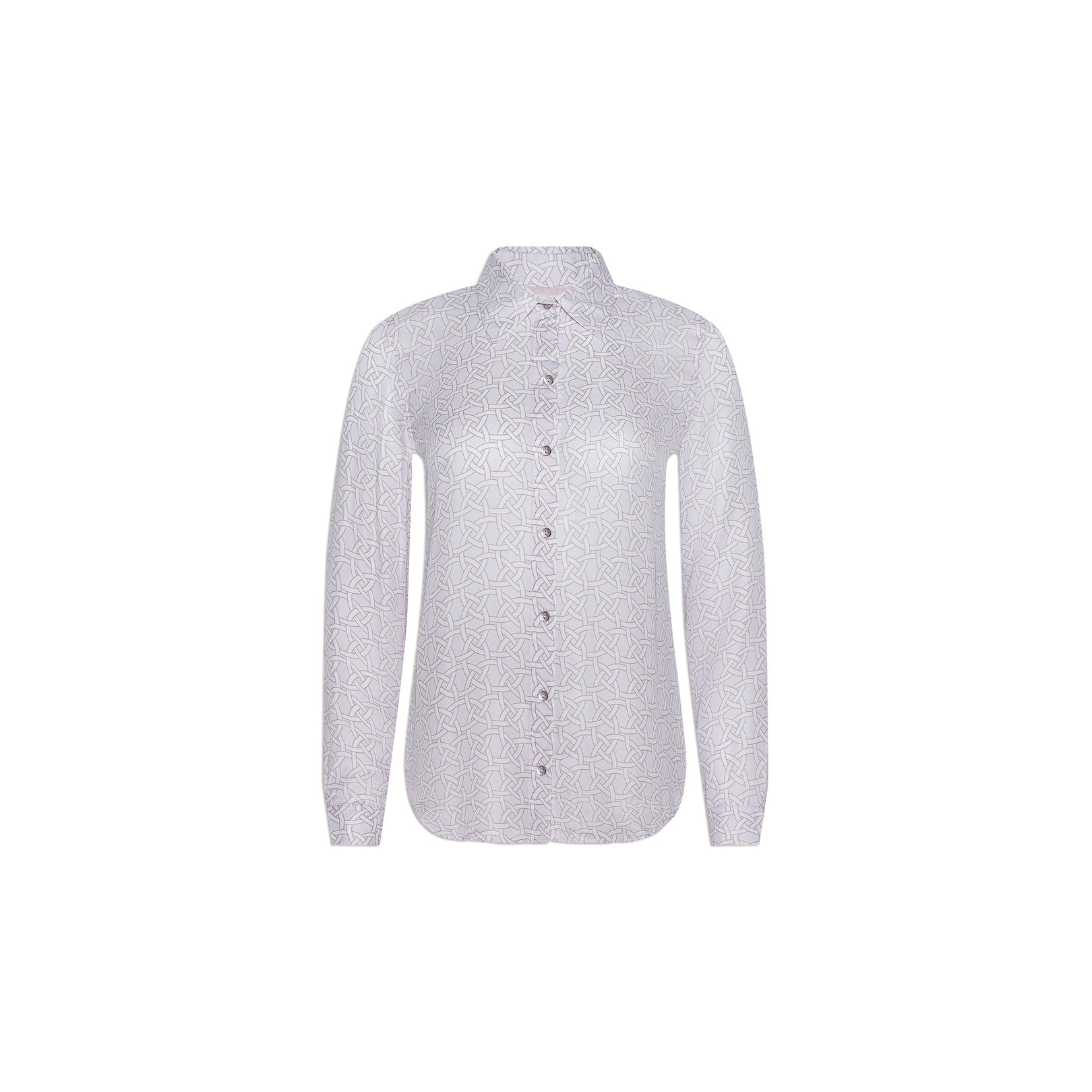 The Nina Silk Blouse is a long-sleeve, button-down shirt featuring a subtle geometric print in light grey. Its relaxed fit is showcased against a plain white background.