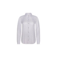 The Nina Silk Blouse is a long-sleeve, button-down shirt featuring a subtle geometric print in light grey. Its relaxed fit is showcased against a plain white background.