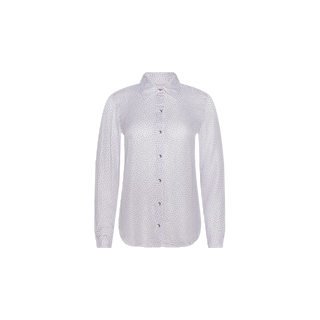 The Nina Silk Blouse is a white, long-sleeve button-down shirt crafted from silk with a subtle geometric print. Displayed on a plain white background, it features a classic collar, front buttons, and delivers a relaxed fit for easy style and comfort.