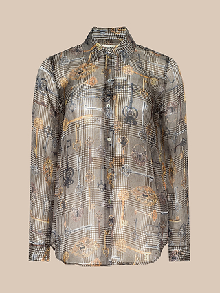 Presenting the Nina Silk Blouse: a sheer, long-sleeve button-up shirt with a collared neck, adorned with an intricate pattern of keys and chains in gold, brown, and black hues on a beige background. Crafted in silk and designed for a relaxed fit, it offers effortless elegance.