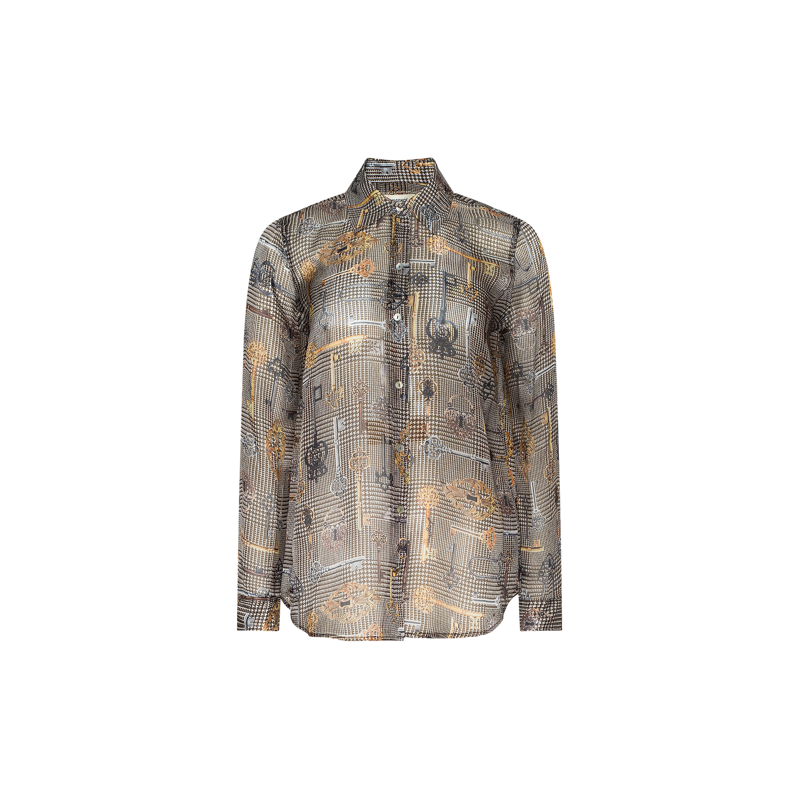 Nina Silk Blouse—relaxed-fit, long-sleeve button-up with a collar, showcasing a black and beige plaid pattern accented by abstract yellow and gray details, photographed on a plain white background.