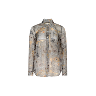 Nina Silk Blouse—relaxed-fit, long-sleeve button-up with a collar, showcasing a black and beige plaid pattern accented by abstract yellow and gray details, photographed on a plain white background.