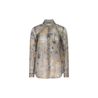 The Nina Silk Blouse is a long-sleeve button-down shirt crafted from silk, showcasing a geometric plaid-inspired pattern in shades of gray, black, and yellow on a white background. Featuring a classic collar and front button closure, this blouse offers a refined yet modern look.