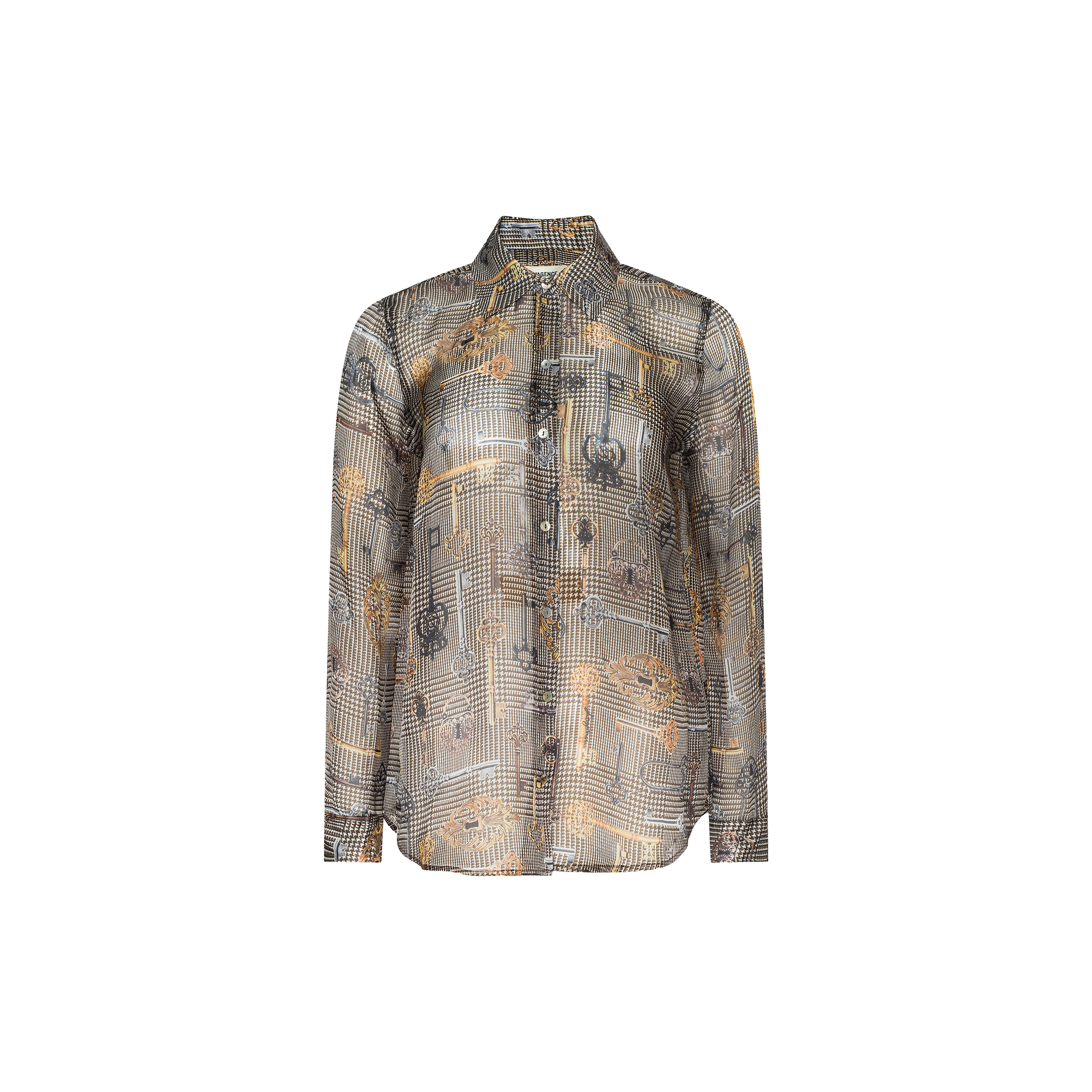 Nina Silk Blouse—relaxed-fit, long-sleeve button-up with a collar, showcasing a black and beige plaid pattern accented by abstract yellow and gray details, photographed on a plain white background.