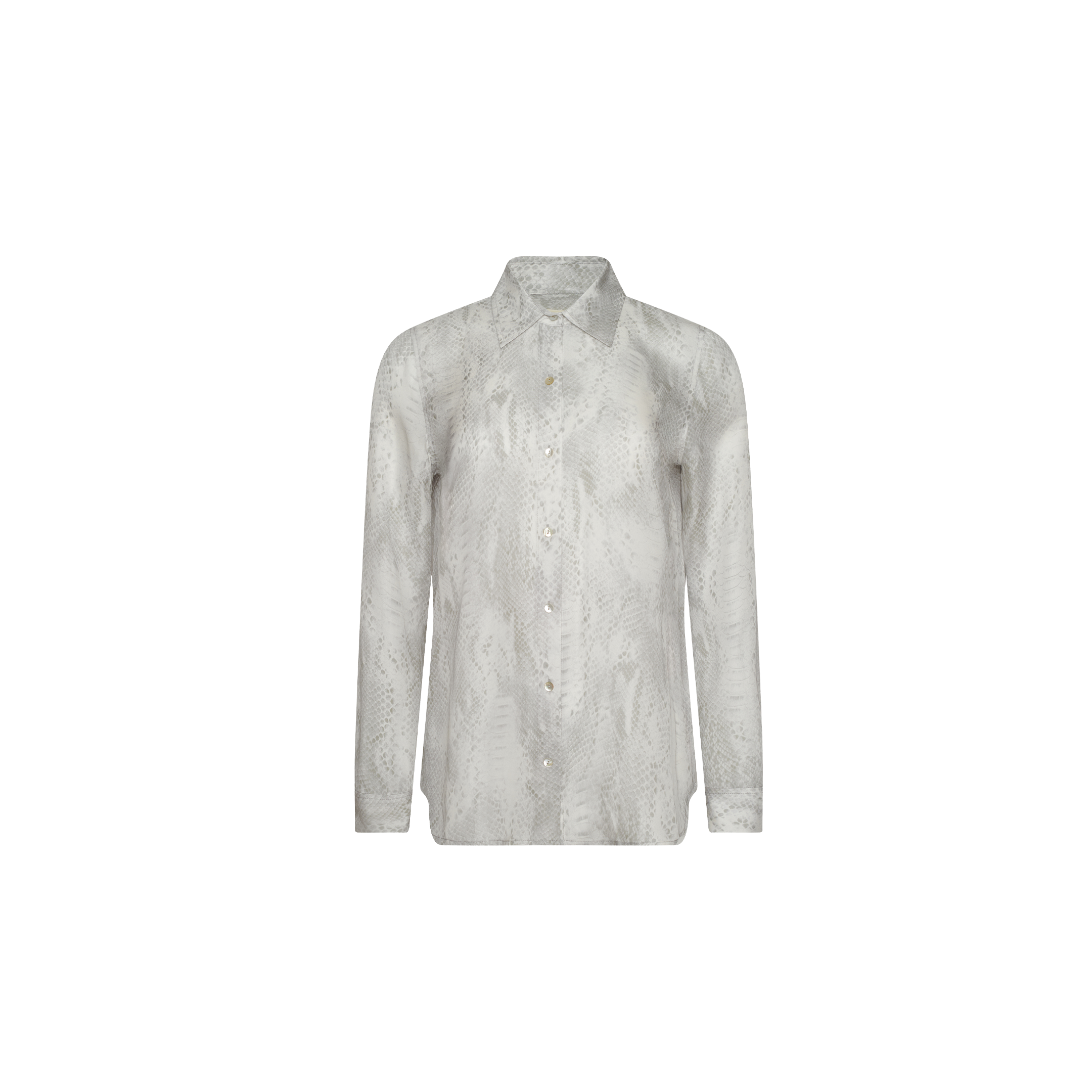 The Nina Silk Blouse is a long-sleeve button-up featuring a subtle grey and white snakeskin pattern, highlighted in the Spring 2027 Paris Fashion Week presentation.