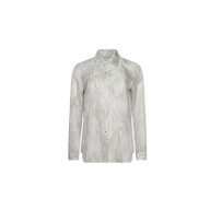 The Nina Silk Blouse is a long-sleeve button-up featuring a subtle grey and white snakeskin pattern, highlighted in the Spring 2027 Paris Fashion Week presentation.