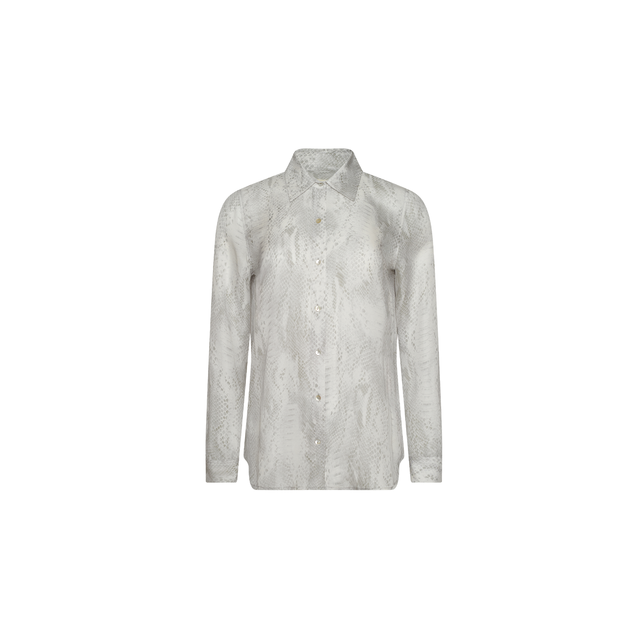 The Nina Silk Blouse is a long-sleeve button-up featuring a subtle grey and white snakeskin pattern, highlighted in the Spring 2027 Paris Fashion Week presentation.