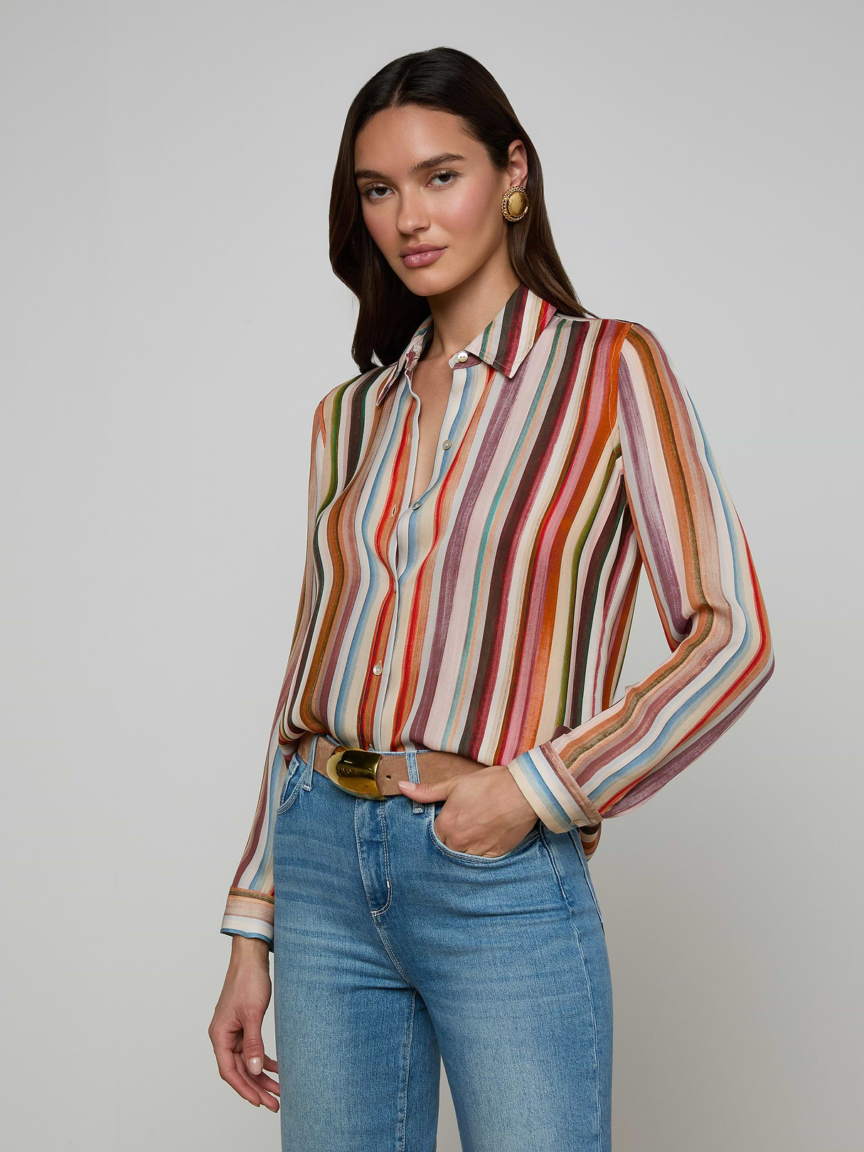 Nina Silk Blouse in Multi Watercolor Stripe | L'AGENCE