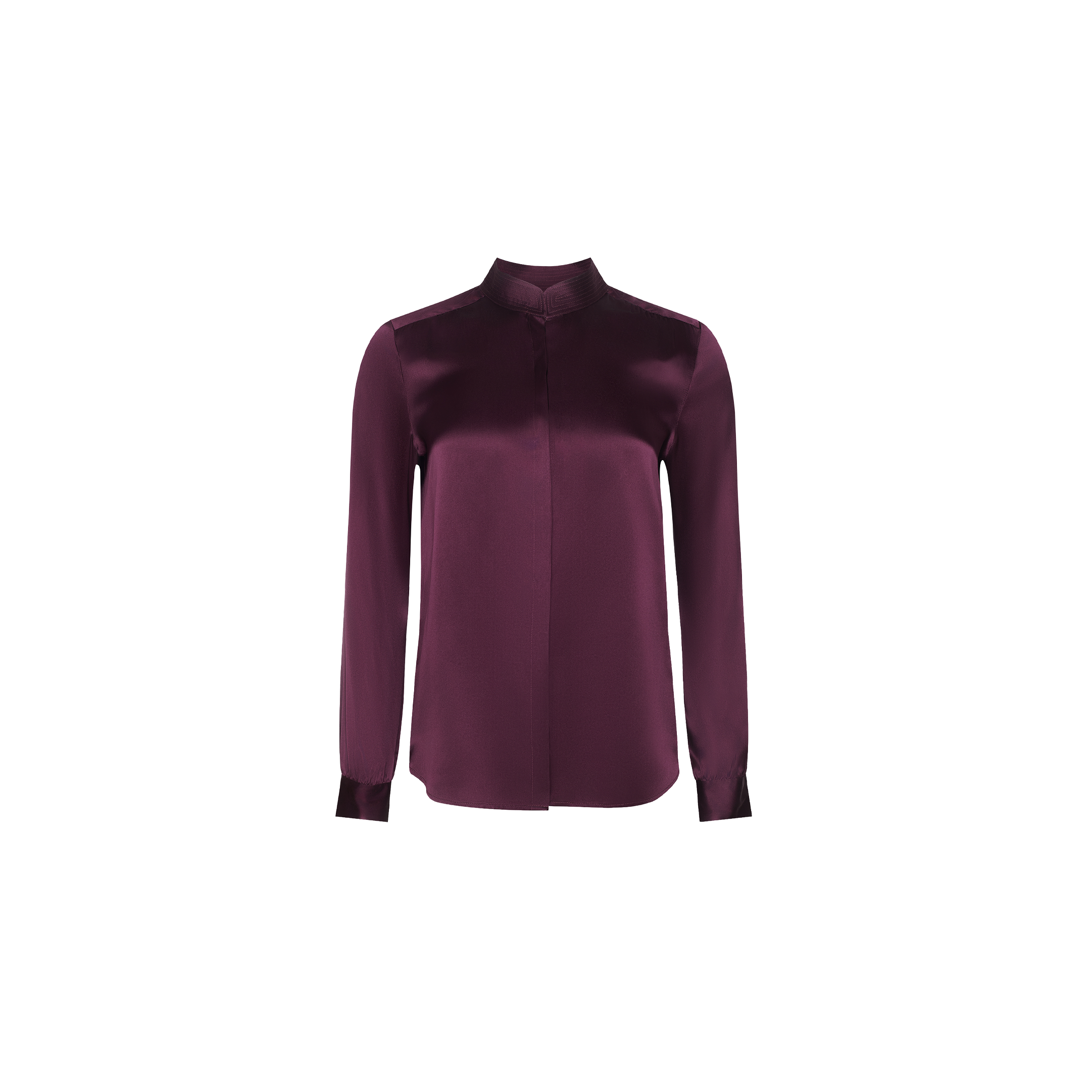 The Bianca Silk Blouse, a long-sleeved button-up made of silk charmeuse in deep purple with a mandarin collar, is displayed on a plain white background.