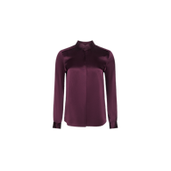 The Bianca Silk Blouse, a long-sleeved button-up made of silk charmeuse in deep purple with a mandarin collar, is displayed on a plain white background.