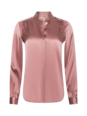 The Bianca Silk Blouse by L'AGENCE is a long-sleeved, light pink top with a mandarin collar, v-neckline, buttoned cuffs, a relaxed fit, and a smooth, shiny silk finish for an effortlessly elegant look.