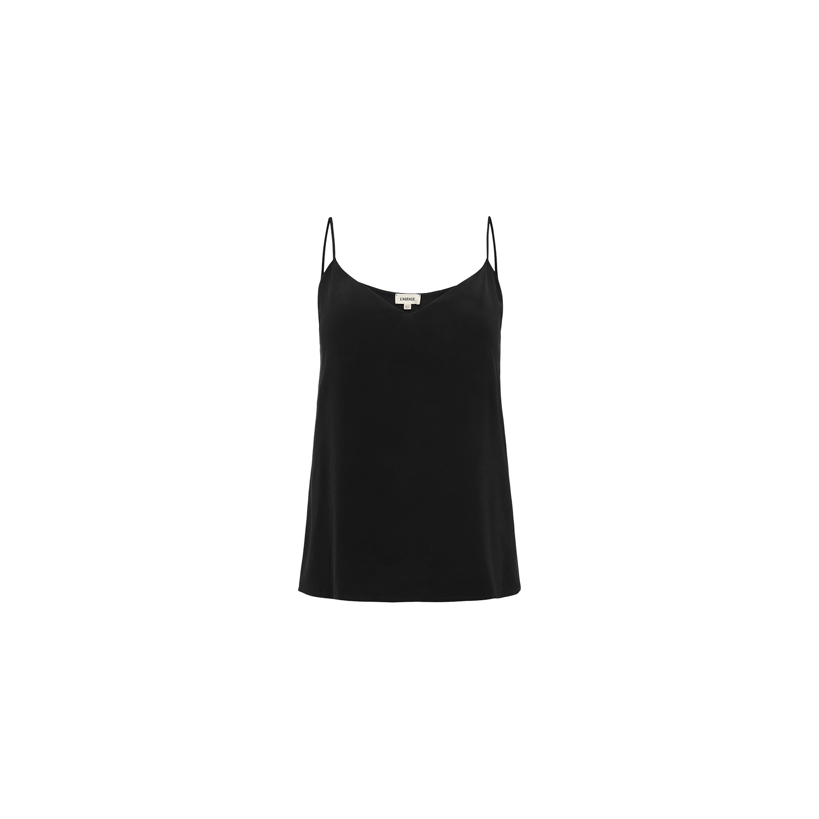 The Jane Silk Camisole is a black bias-cut silk top with thin adjustable straps and a scoop neckline, showcased against a plain white background.