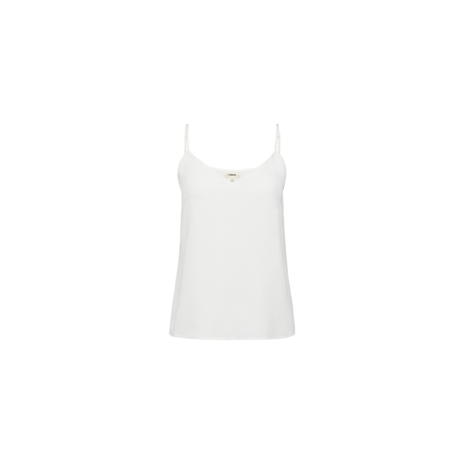 The Jane Silk Camisole is showcased against a plain white background. This white silk top features thin adjustable straps, a simple and minimalist design, a loose fit, and a gently curved neckline with no visible patterns or embellishments.