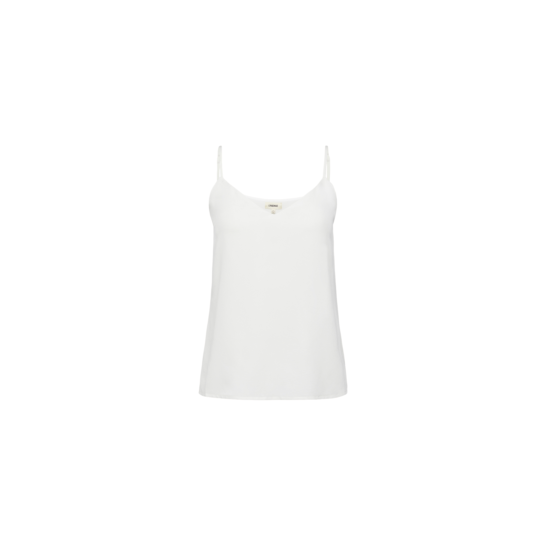 The Jane Silk Camisole is showcased against a plain white background. This white silk top features thin adjustable straps, a simple and minimalist design, a loose fit, and a gently curved neckline with no visible patterns or embellishments.