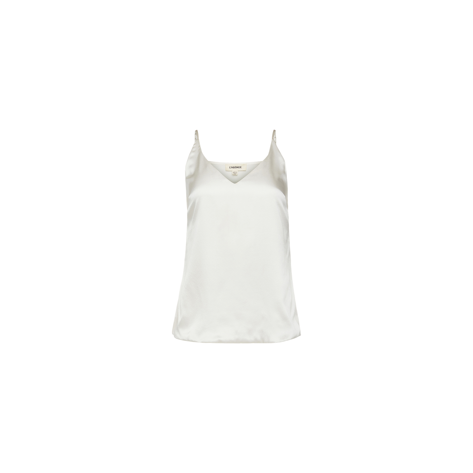 The Gabriella Silk Camisole is a white satin slim fit top featuring thin adjustable spaghetti straps and a V-neckline, shown against a plain white background.
