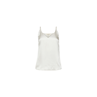 The Gabriella Silk Camisole is a white satin slim fit top featuring thin adjustable spaghetti straps and a V-neckline, shown against a plain white background.
