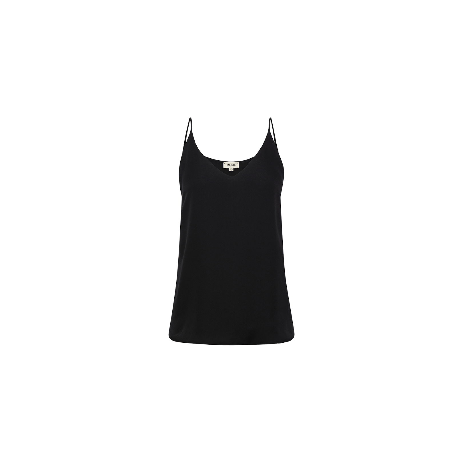 The Gabriella Silk Camisole, a sleek black top featuring a classic sleeveless design with thin shoulder straps, is displayed on a plain white background. This elegant silk camisole is the perfect layering piece for any wardrobe.